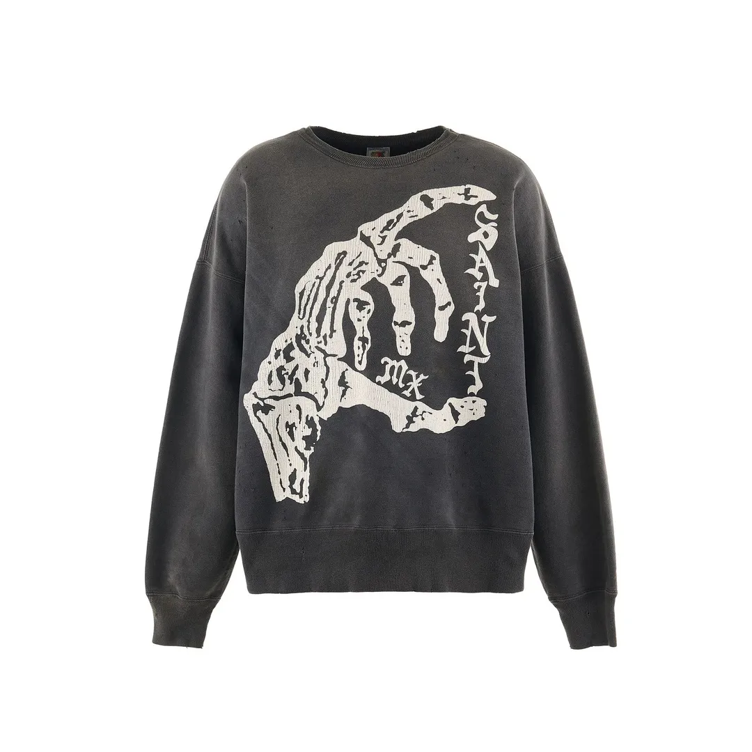 SAINT M×××××× BONE SAINT CREW SWT/BLK Bone SAINT destruction sweatshirt, washed black S-XL Assute dyeing, genuine whole garment sprayed with horse-hair fading process, collar/cuffs frayed in many places, front and rear panels/sleeves super complex fraying, heavy washing and water distressing, correct fruit mark/angel mark